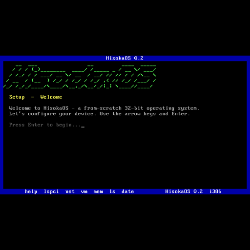 The HisokaOS setup screen in QEMU: a green ASCII-art logo and a welcome message on a dark blue console.