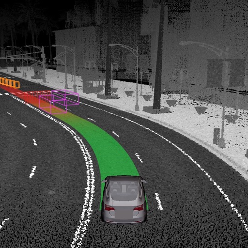 A dense grey lidar point cloud of a city street, with my car following a green planned path around a bend.